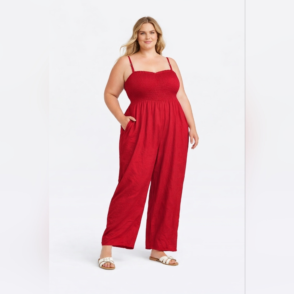 Knox Rose Red Smocked Wide-Leg Jumpsuit